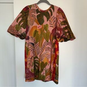 FARM Rio Tropical Print Puff Sleeve Mini Dress 100% Cotton Size L